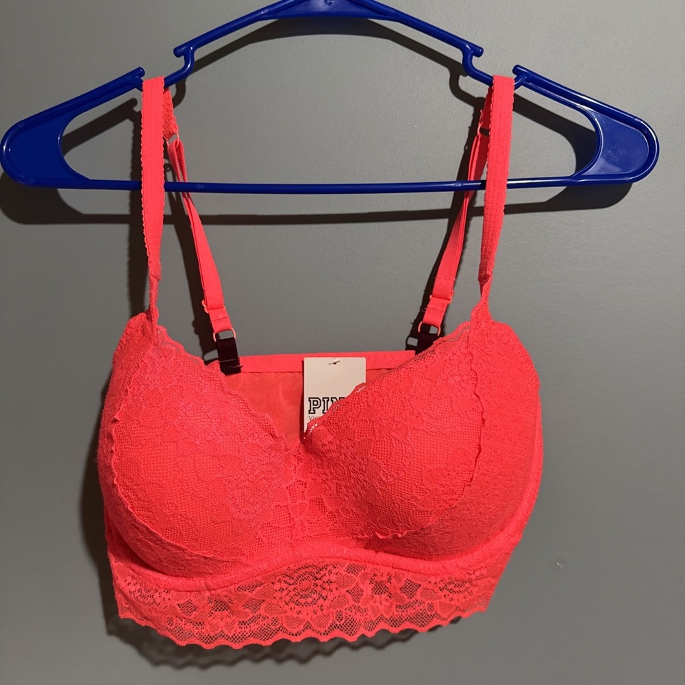 Victoria's Secret PINK Tropical Lace Bralette Push Up S (D-DD) 32-34 Neon Orange